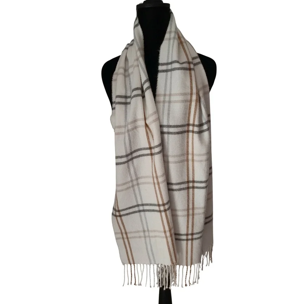 Cejon Made in Italy Plaid Scarf Cream Tan Grey‎ Windowpane Acrylic Fringe 62x11